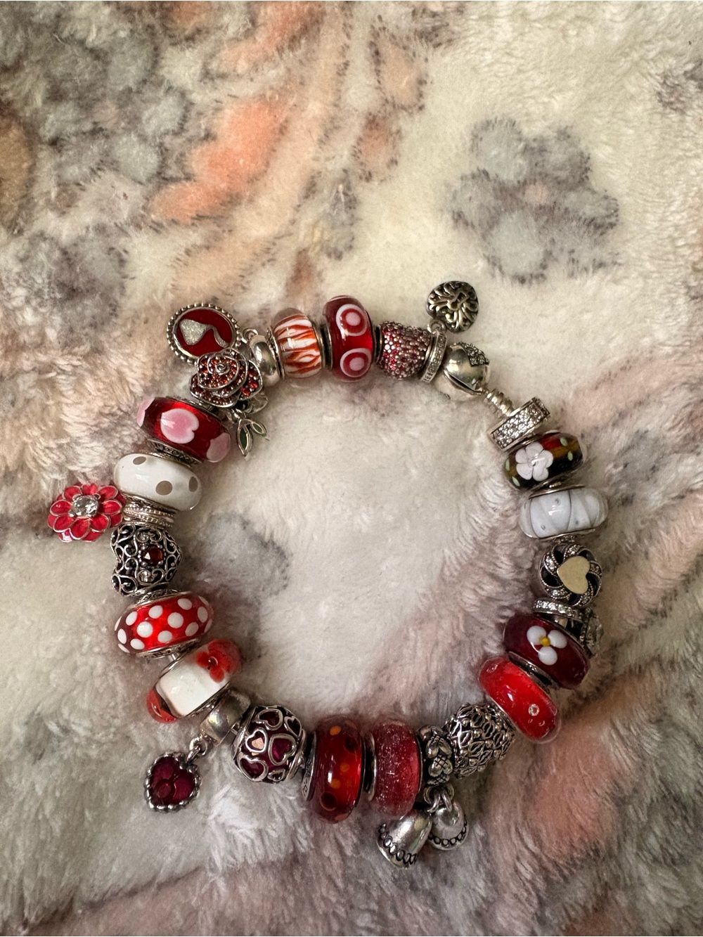 Pandora bangle with red romance theme charms